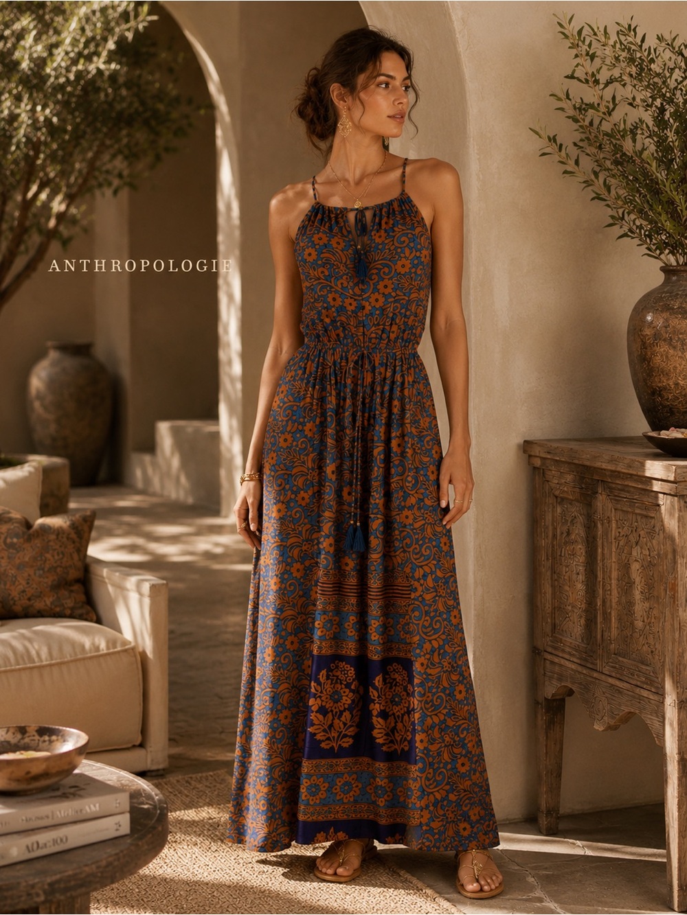 NWT RAGA Maxi Dress Floral Side Cut Out Elastic Waist Tassels Straps R1743 SMALL